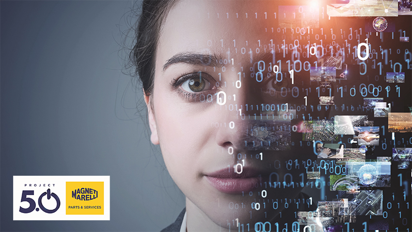Representación simbólica: una mujer con la mitad de su rostro cubierto por números digitales, simbolizando la integración tecnológica en el Proyecto 5.0. Junto a ella, el distintivo logo del proyecto.