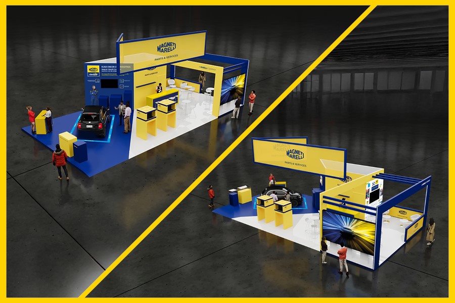 Representación del stand de Magneti Marelli Parts & Services en Motortec 2025: vista panorámica de la superficie expositiva de 109 m² con sus característicos colores amarillo y azul y las diferentes áreas temáticas dedicadas a recambios, equipos y servicios para el mercado de la posventa de automoción.