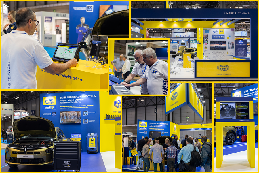 Collage del stand de Magneti Marelli Parts & Services en Motortec 2025 con productos, visitantes y equipo en la feria.