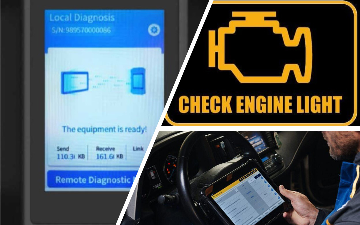 Técnico realizando diagnóstico con tablet en el interior del vehículo, junto a escáner de diagnosis y testigo de avería del motor