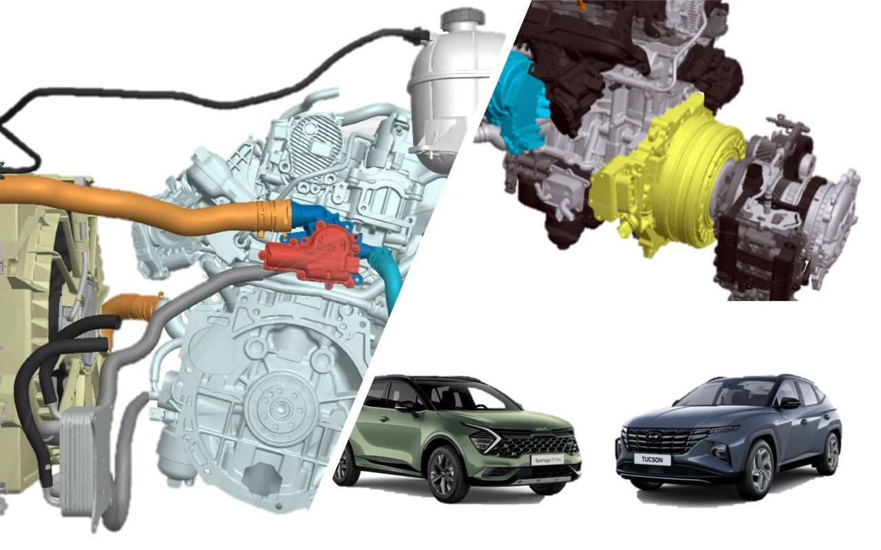Composición que muestra el motor híbrido del Hyundai Tucson PHEV y Kia Sportage HEV, junto a ambos vehículos en vista exterior